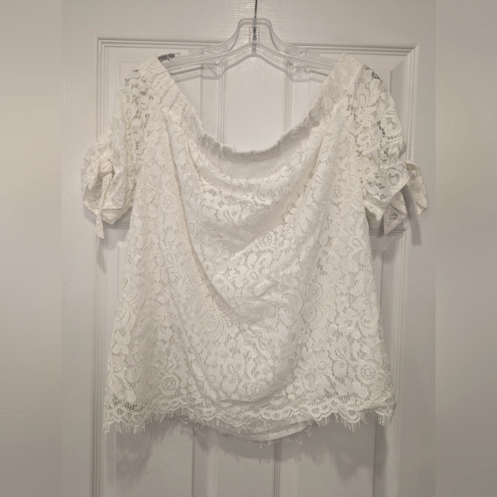Stella Tweed White Lace Crochet off shoulder Boho Short Sleeve blouse Plus XL